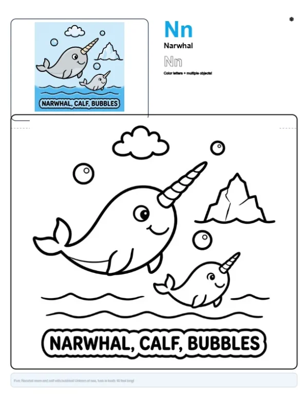 Color Book Pages Narwhal - Letter N Coloring Page