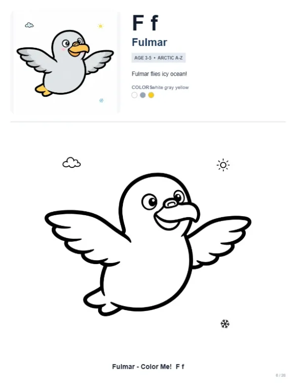 Coloring Book Fulmar - Letter F Coloring Page