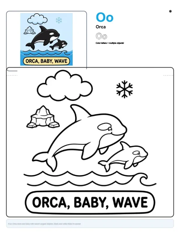Easy Color By Number Orca - Letter O Coloring Page