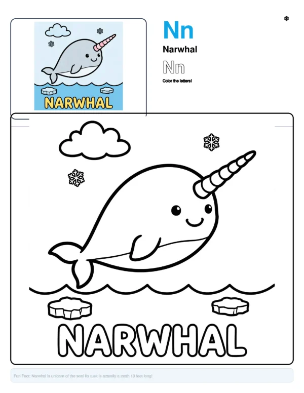 Narwhal Coloring Page - Letter N Coloring Page