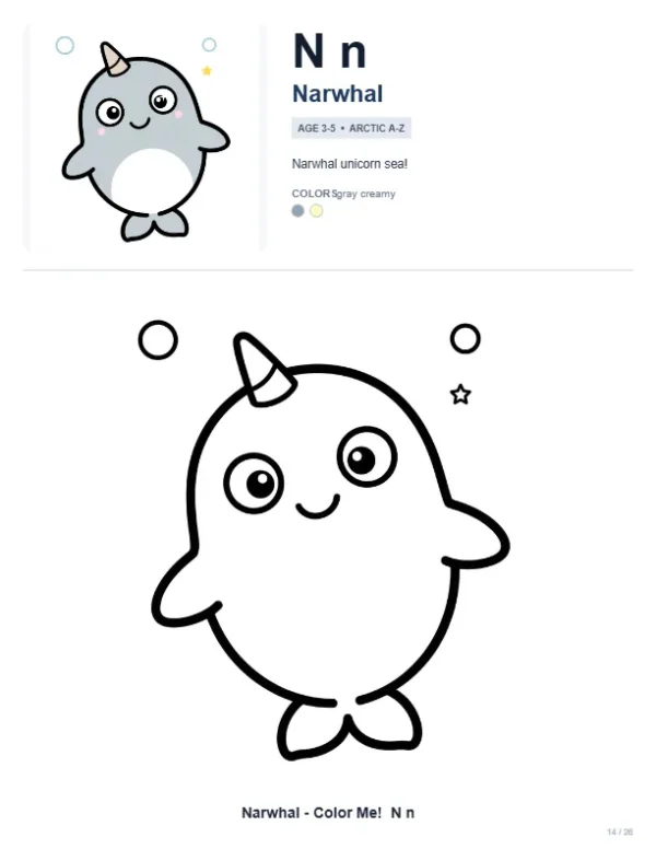 Online Coloring Narwhal - Letter N Coloring Page