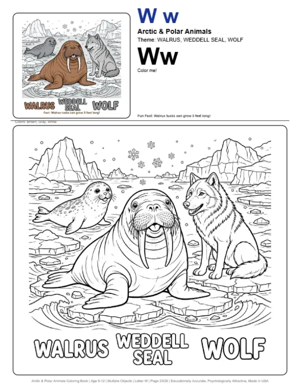 Walrus Coloring Page For Kids - Letter W Coloring Page