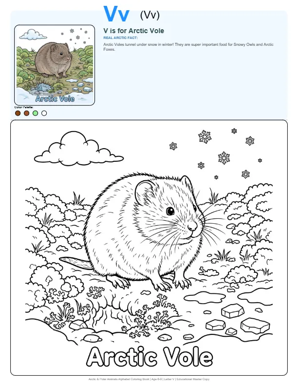 Color By Number Printables For Adults Arctic Vole – Letter V Coloring Page