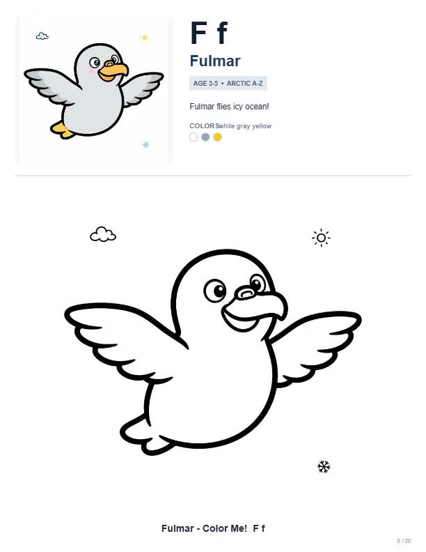 Coloring Book Fulmar – Letter F Coloring Page