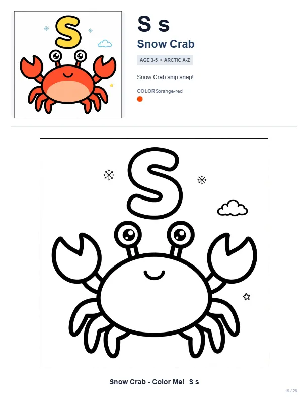 Coloring Sheets For Kids Snow Crab – Letter S Coloring Page