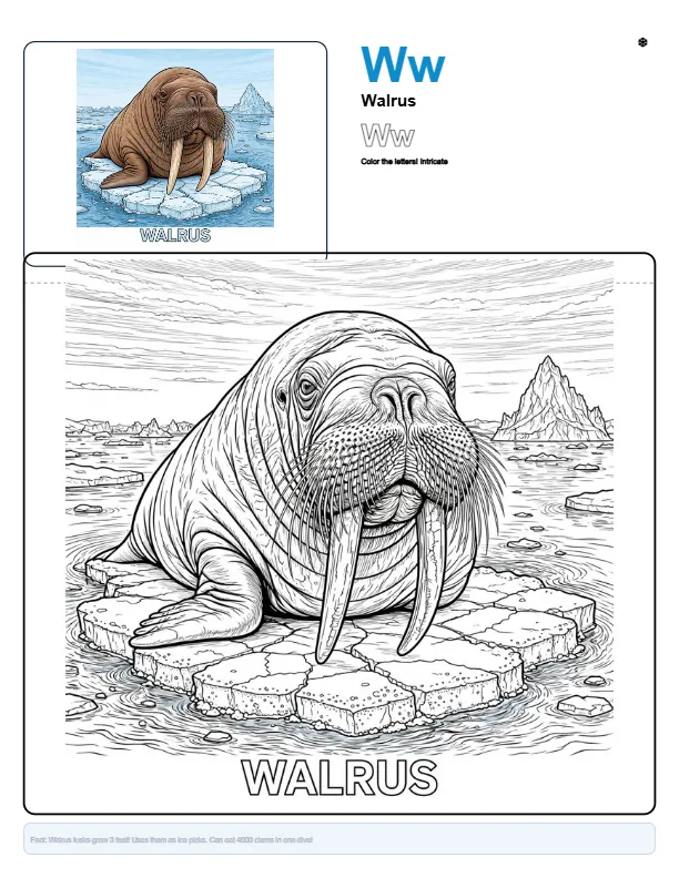 Walrus Coloring Pages For Kids – Letter W Coloring Page