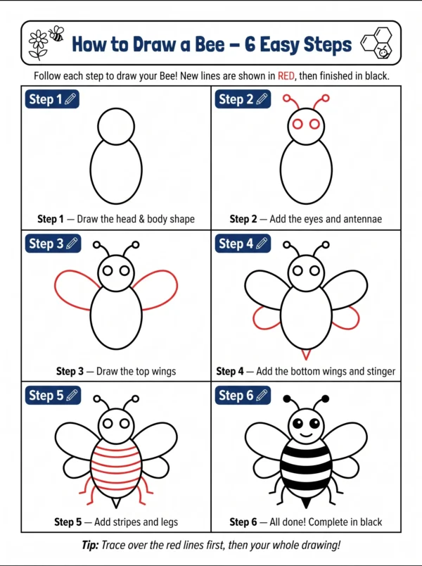 bee drawing how to draw step by step